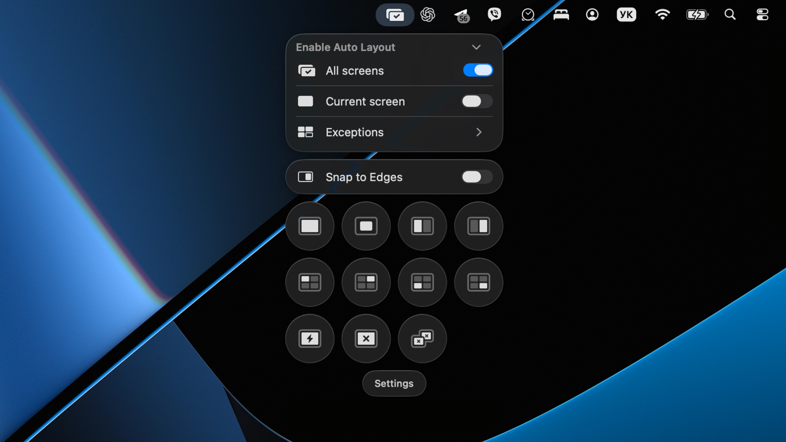 The Offset panel open in the macOS menu bar, showing Auto Layout, Snap to Edges, layout tiles and quick actions
